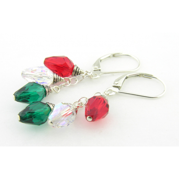Crystal Holiday Lights Earrings - red clear AB green sparkle drop sterling