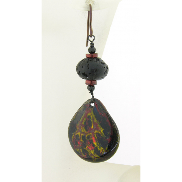 Artisan made organic crackle enamel on copper lava black spinel garnet earrings