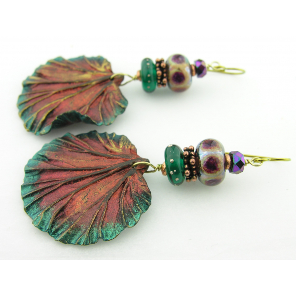 Artisan teal fuchsia copper earrings w/ artisan polymer, lampwork, glass, brass