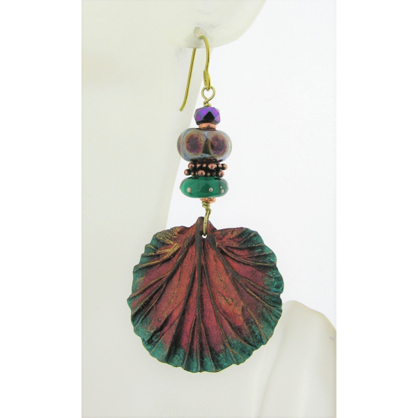 Artisan teal fuchsia copper earrings w/ artisan polymer, lampwork, glass, brass