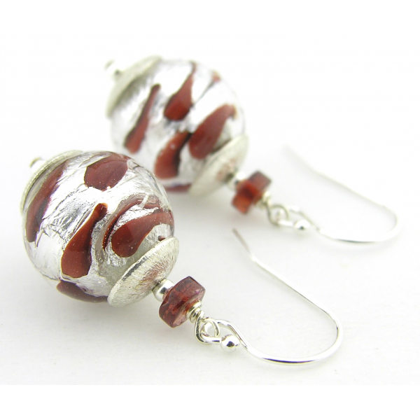 Artisan made red silver sterling earrings with Venetian glass garnet