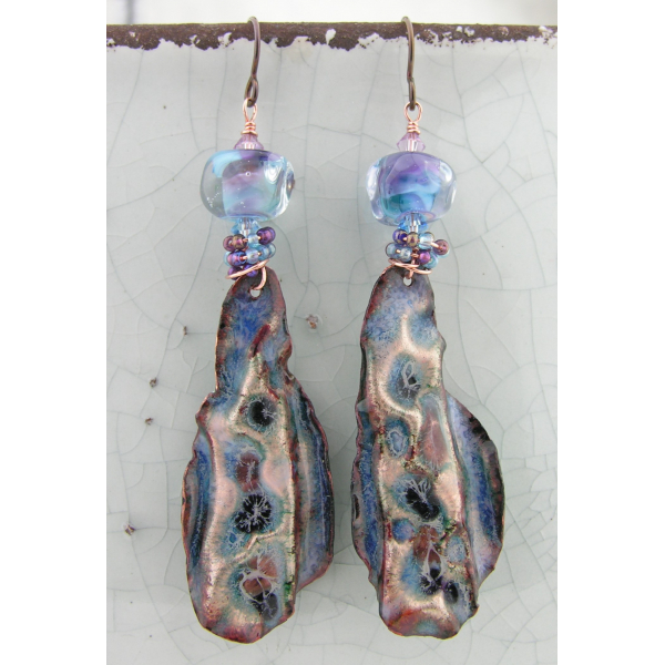 Artisan aqua blue purple earrings  enamel on fold formed copper lampwork glass