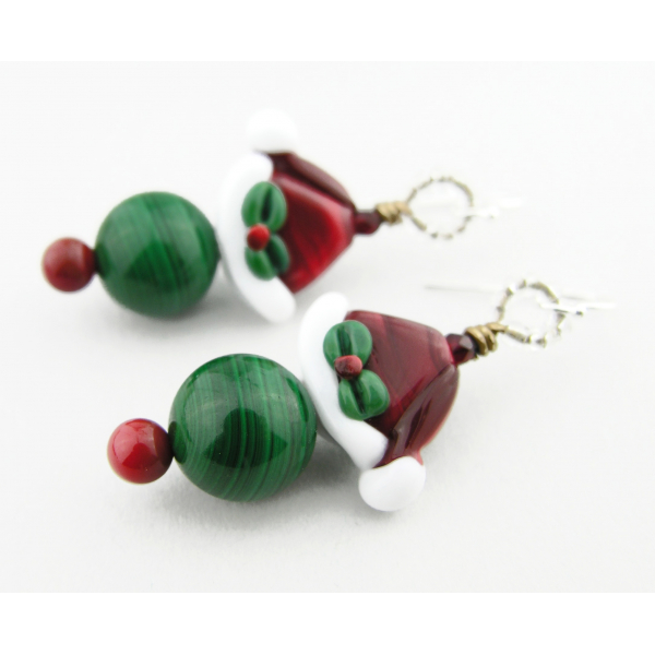 Handmade red green white lampwork Santa hat malachite earrings sterling silver