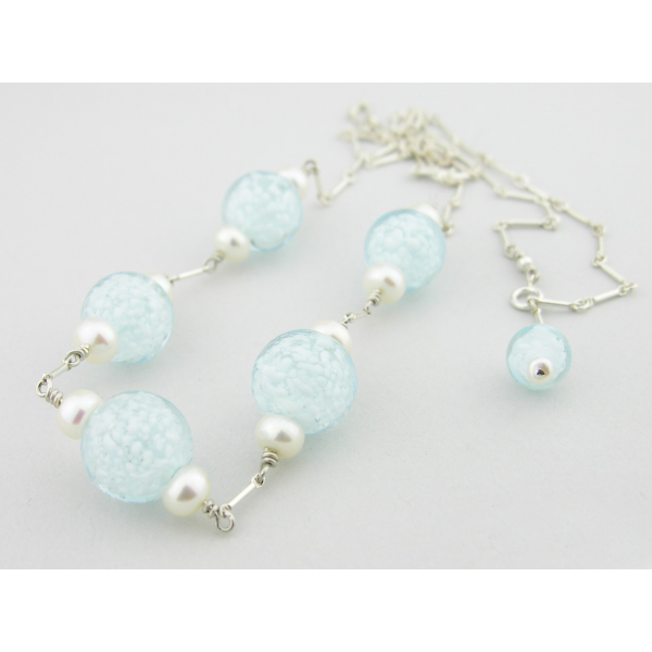 Artisan aqua white & silver necklace with Venetian glass beads freshwater pearls