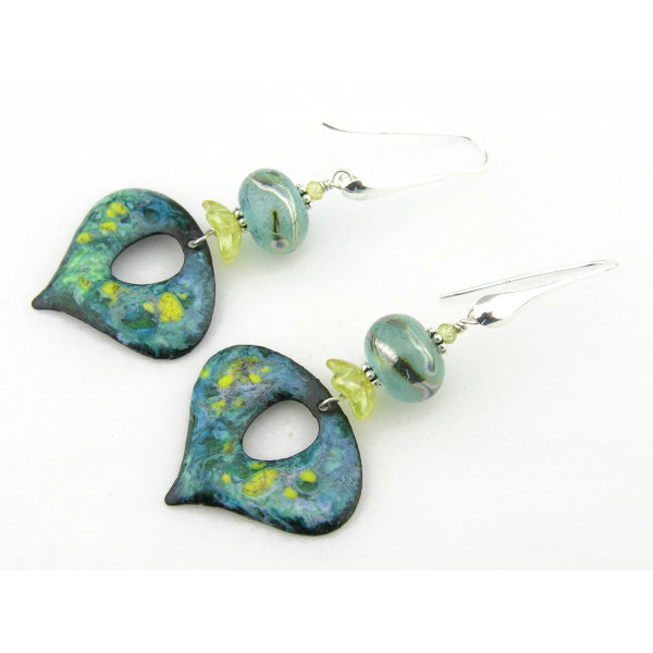 artisan made teal, yellow, turquoise earrings with enamel drop, lampwork beads