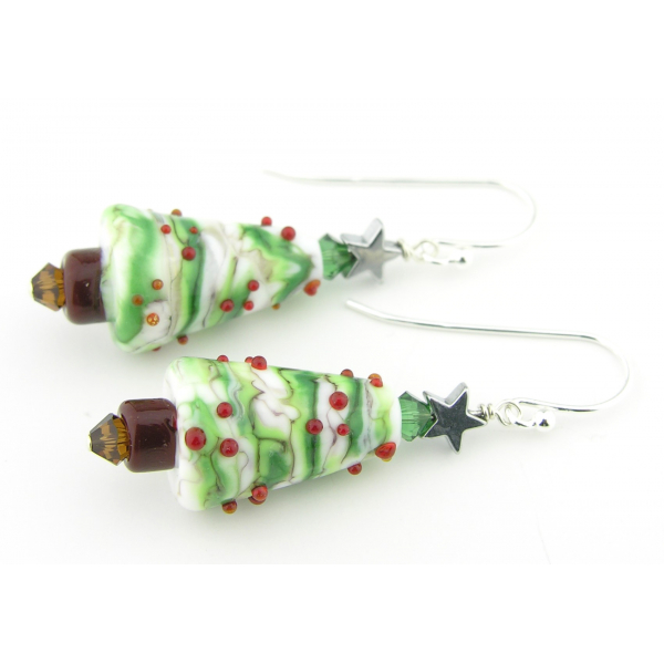 Handmade Christmas tree earrings with lampwork Swarovski crystals star sterling