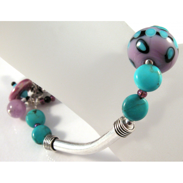 Handmade bracelet purple turquoise black artisan lampwork sterling silver