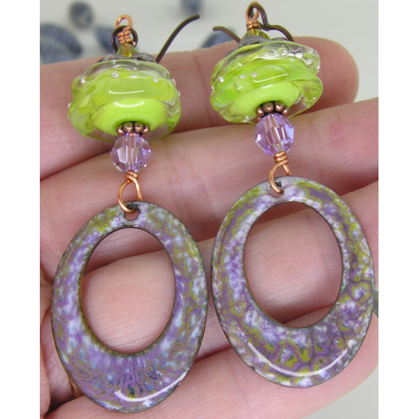 Artisan made lime and purple enamel on copper earrings copper lampwork