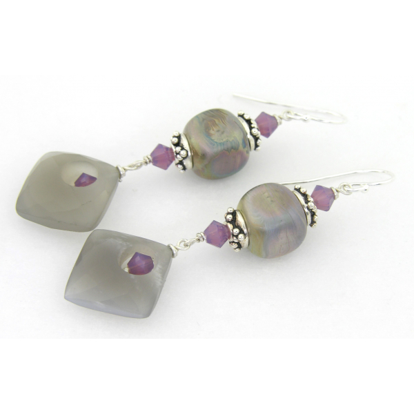Handmade earrings purple grey lampwork cube moonstone diamond sterling crystal