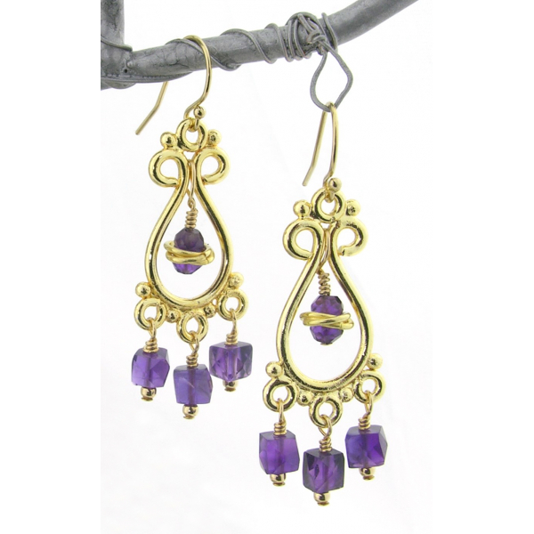 Purple Gold Earrings gold filled amethyst gemstone cubes vermeil chandelier