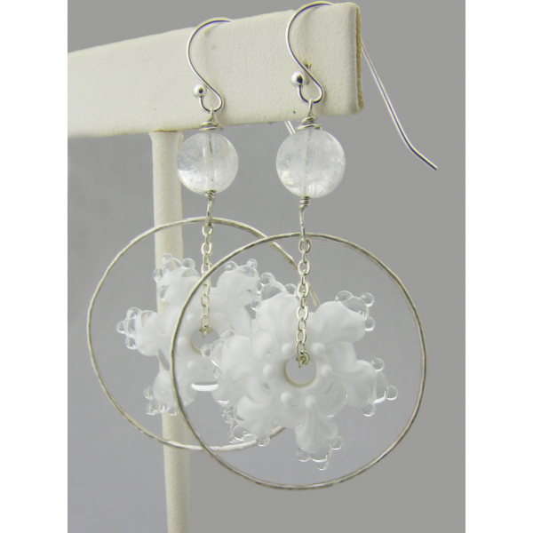 Artisan made white glass snowflake earrings in sterling Christmas
