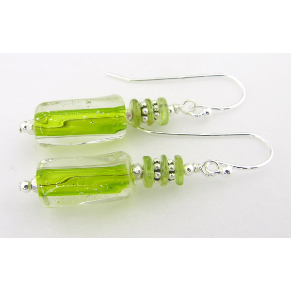 Artisan lime green short earrings with artisan furnace glass, peridot, sterling