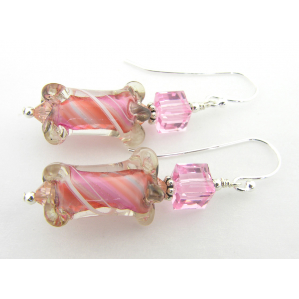 Handmade pink, white, peach earrings with artisan furnace glass, sterling