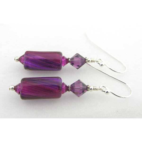 Handmade fuchsia purple grape earrings with artisan furnace glass, sterling