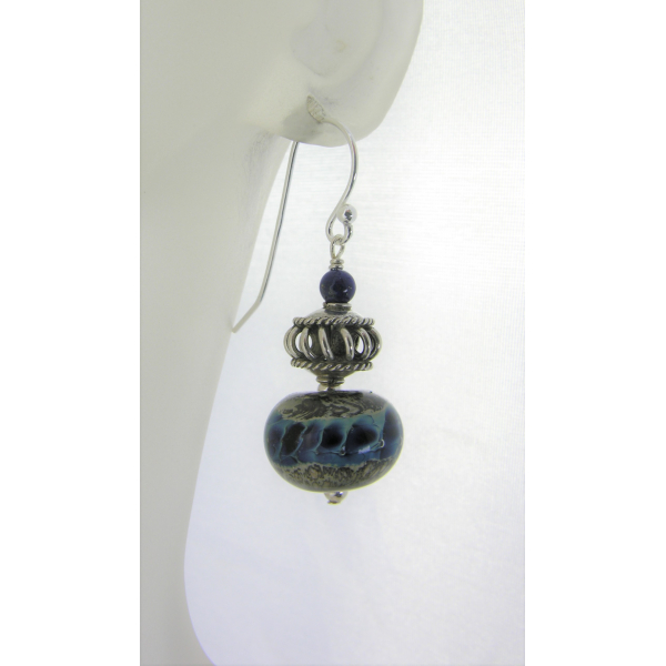 Handmade blue earrings with blue silver lampwork glass, lapis, sterling