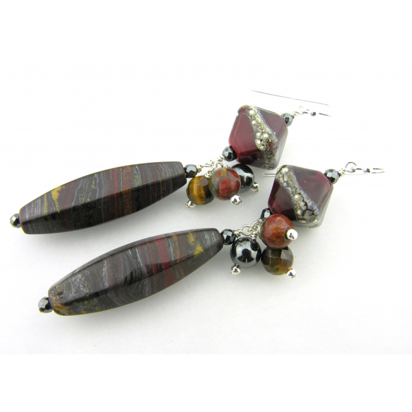 Handmade red black, hematite tiger iron gemstone earrings, lampwork and sterling