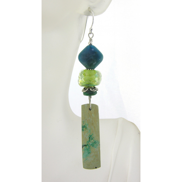 Handmade lime green teal earrings with chrysocolla, apatite, lampwork, sterling