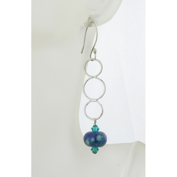 3 Ring Peacock Earrings - blue teal lampwork sterling silver circles