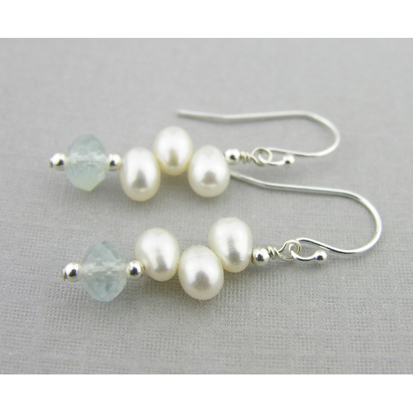 Pretty Blue Pastels Earrings - Freshwater pearl aquamarine sterling silver stack