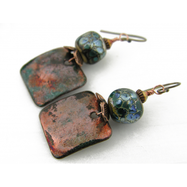Artisan made teal, blue raku copper squares and lampwork nugget earrings