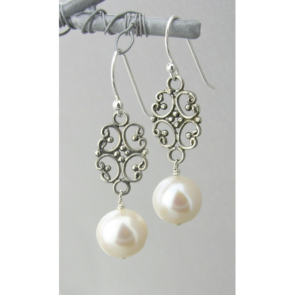 Artisan made sterling filigree earrings with white pearls