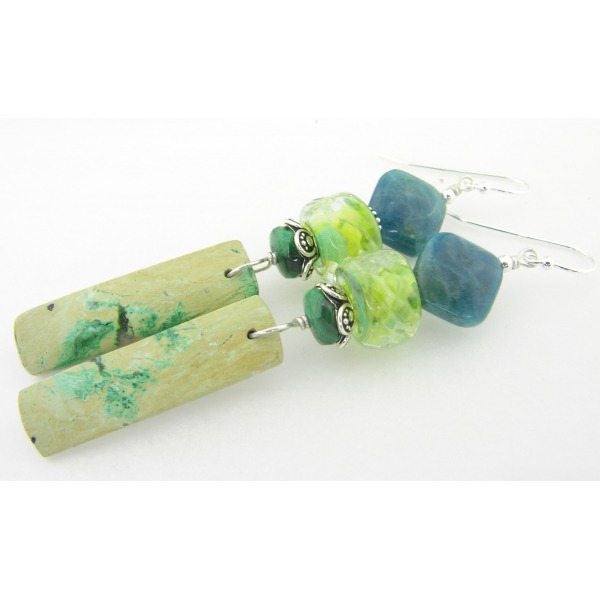 Handmade lime green teal earrings with chrysocolla, apatite, lampwork, sterling