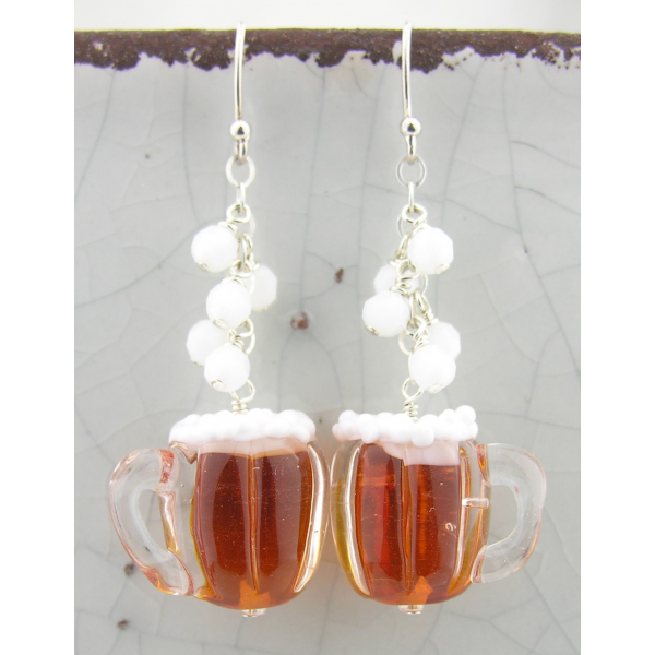 Beer and Bubbles Earrings - handmade artisan sterling silver dangle beer mug amb