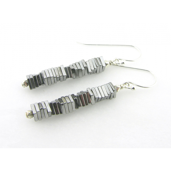 Handmade silver column earrings with silver plated pyrite gemstones sterling