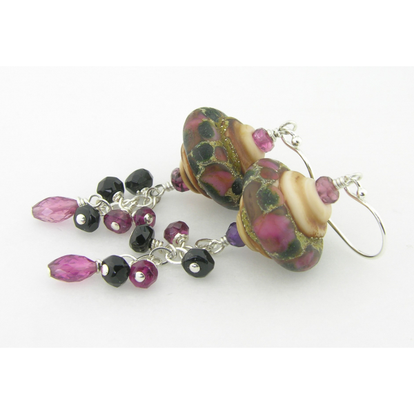 Handmade beige black maroon wine red lampwork earrings pink tourmaline sterling