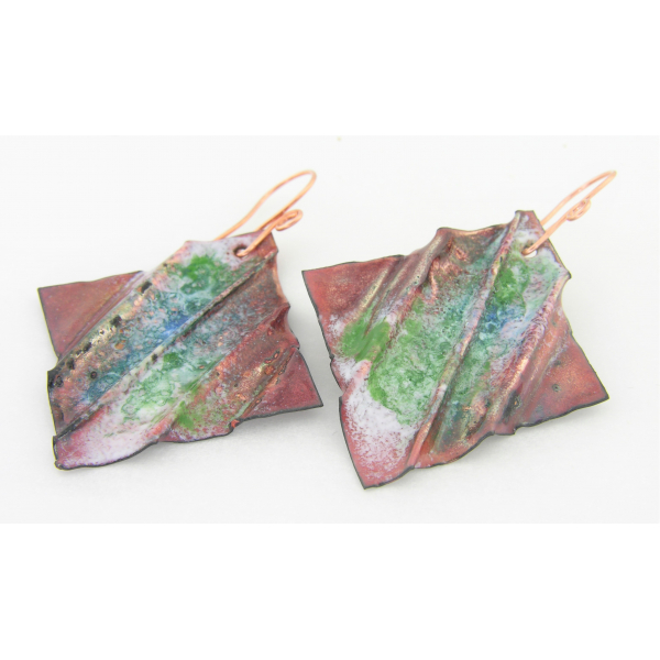 Artisan made organic enamel on fold formed green blue white copper earrings