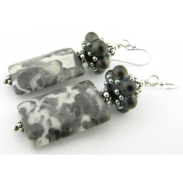 Handmade grey and white earrings with Alaska granite, black dot artisan lampwork