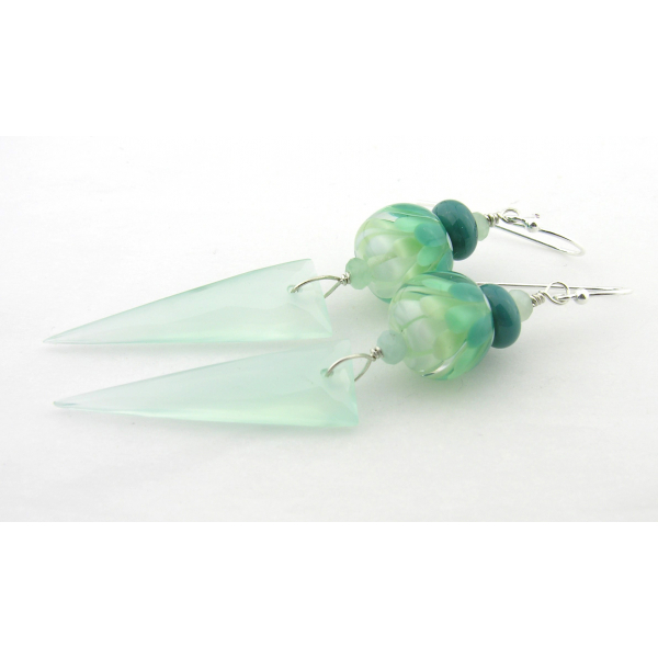 Handmade aqua, teal, white earrings with chalcedony spikes, burma jade, lampwork