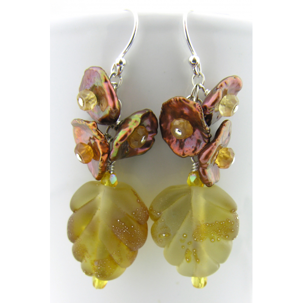 Artisan made topaz lampwork leaf earrings keishi pearl hessonite garnet sterling