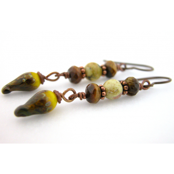 Handmade brown yellow earrings, lampwork tiger eye jasper copper