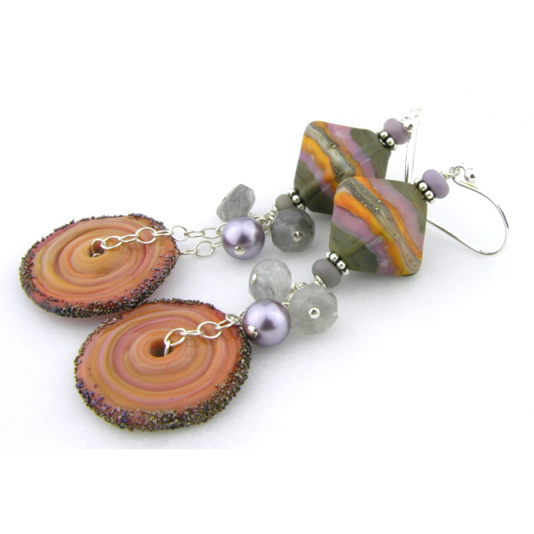 Handmade gray lavendar orange lampwork earrings grey quartz sterling rustic