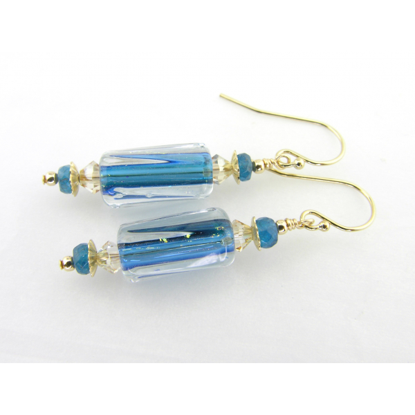 Handmade teal and gold earrings with artisan furnace glass, apatite, gold filled