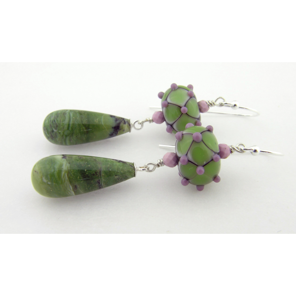 Handmade earrings with sage green lavendar lampwork glass green opal sterling