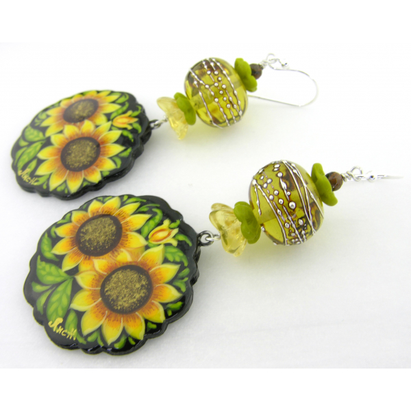 Hand made yellow green black sunflower earrings lampwork glass bronzite sterling