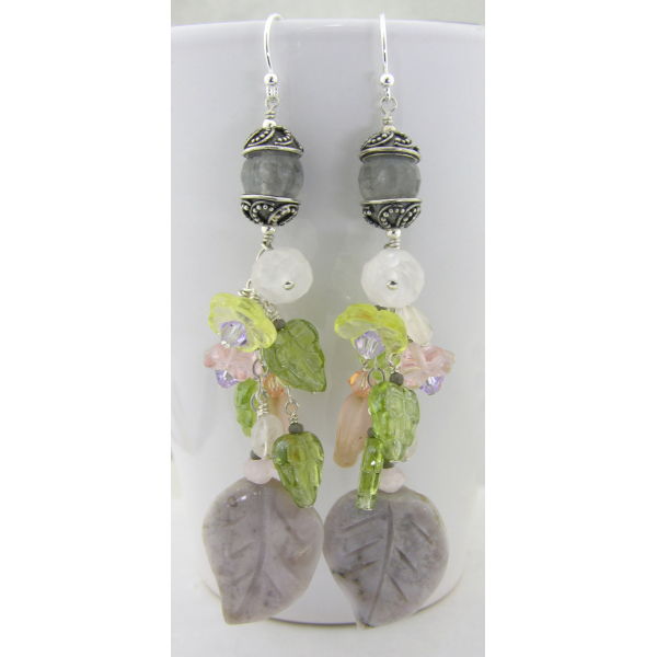 Handmade gray agate pink rose quartz green leaves purple crystal yellow sterling