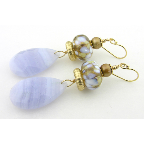 Handmade earrings with light blue lace agate beige lampwork pearls gold fill