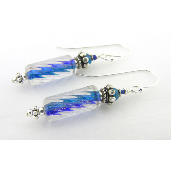 Handmade teal blue silver earrings with artisan furnace glass, apatite, sterling