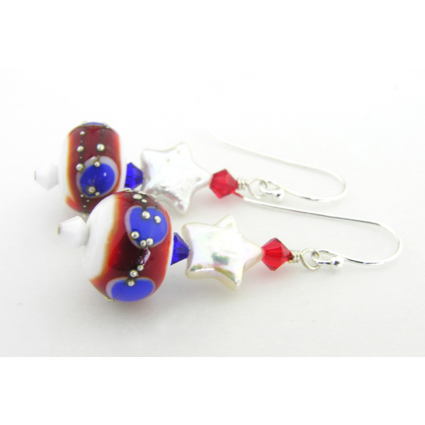 Handmade red white blue earrings pearl star patriotic july4 sterling silver