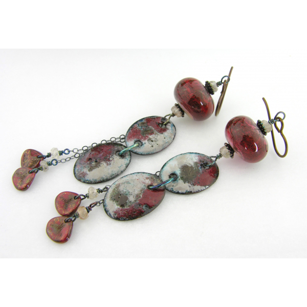 Artisan red black enamel on copper earrings lampwork zircon gemstone niobium