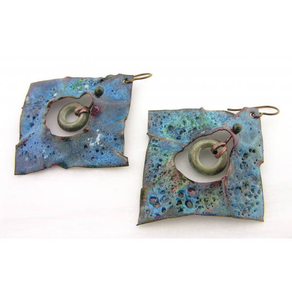 Artisan made blue green grunge crusty enamel on copper earrings lampwork niobium