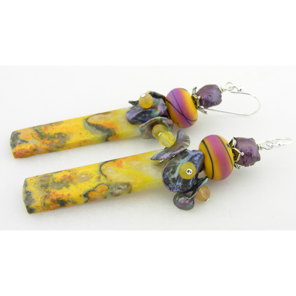 Handmade vibrant yellow purple black earrings with lampwork bumblebee jasper