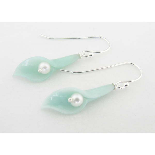 Handmade aquablue earrings with blue quartz carved lily, pearls, sterling