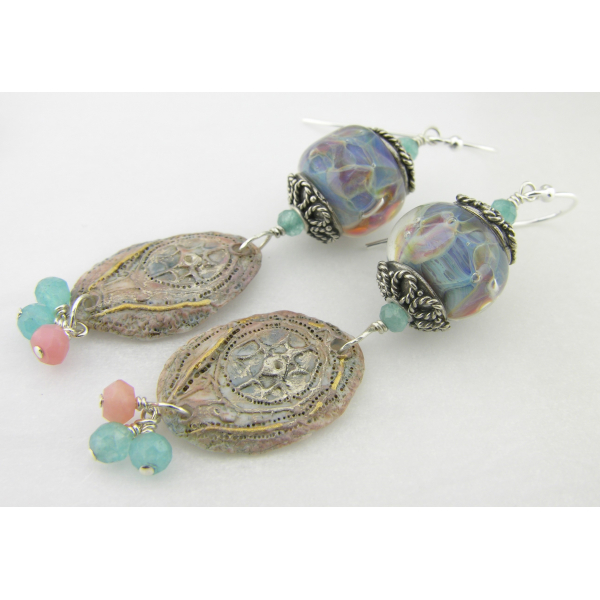 Handmade blue and pink earrings with lampwork glass angelite pink opal sterling