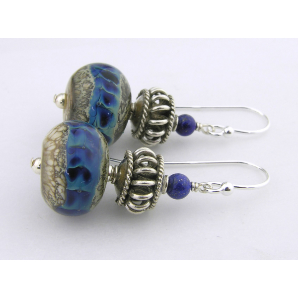 Handmade blue earrings with blue silver lampwork glass, lapis, sterling