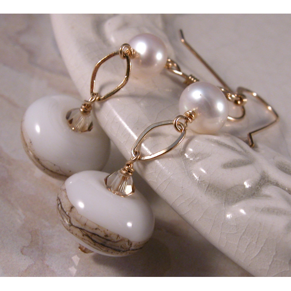 Handmade earrings with artisan lampwork freshwater pearls and gold fill