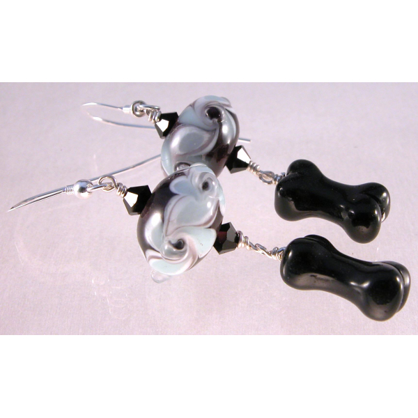 Handmade blue, black, white earrings with lampwork, glass bone, sterling